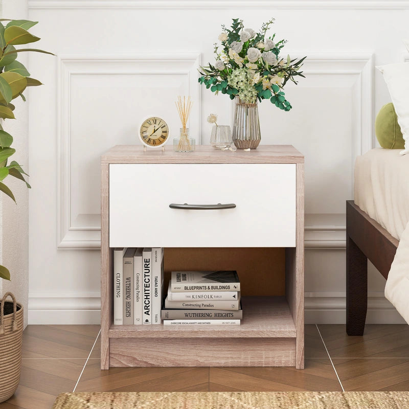 Bedside Table Nightstand with Drawer and Open Storage Shelf-Natural & White