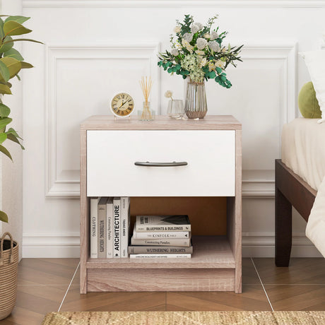 Bedside Table Nightstand with Drawer and Open Storage Shelf-Natural & White