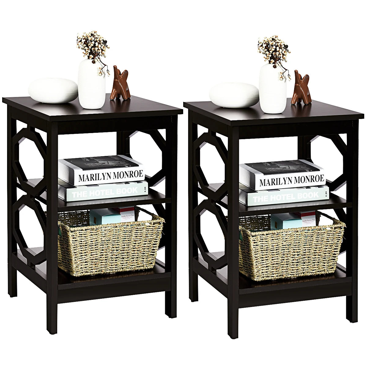 2 Pieces 3-tier Nightstand Sofa Side End Accent Table Storage Display Shelf-Espresso