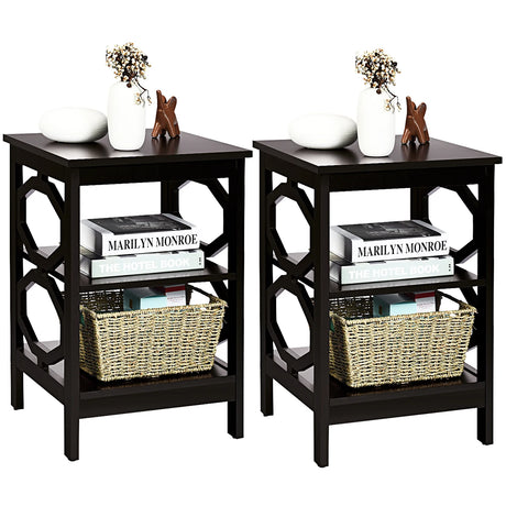 2 Pieces 3-tier Nightstand Sofa Side End Accent Table Storage Display Shelf-Espresso