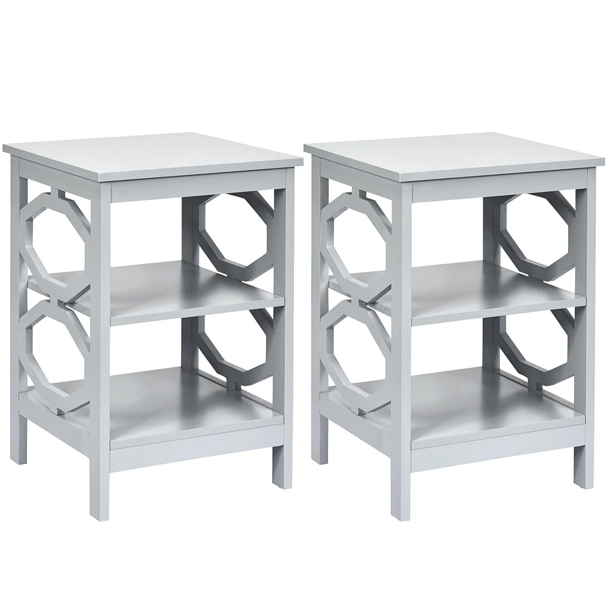 2 Pieces 3-tier Nightstand Sofa Side End Accent Table Storage Display Shelf-Gray