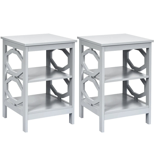 2 Pieces 3-tier Nightstand Sofa Side End Accent Table Storage Display Shelf-Gray