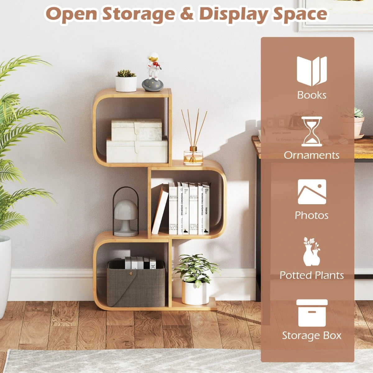 3-Tier S-Shaped Bookcase with 3 Open Cubes for Living Room-Natural