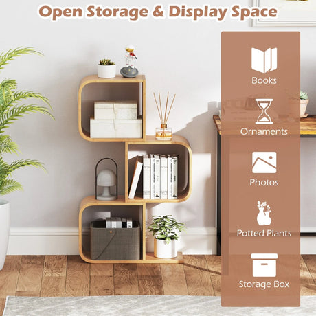 3-Tier S-Shaped Bookcase with 3 Open Cubes for Living Room-Natural