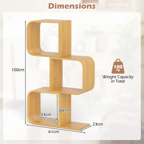 3-Tier S-Shaped Bookcase with 3 Open Cubes for Living Room-Natural