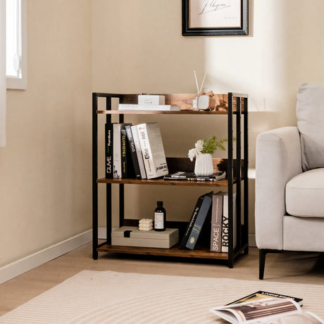 3-Tier Corner Bookcase with Adjustable Shelves and Metal Frame-Rustic Brown