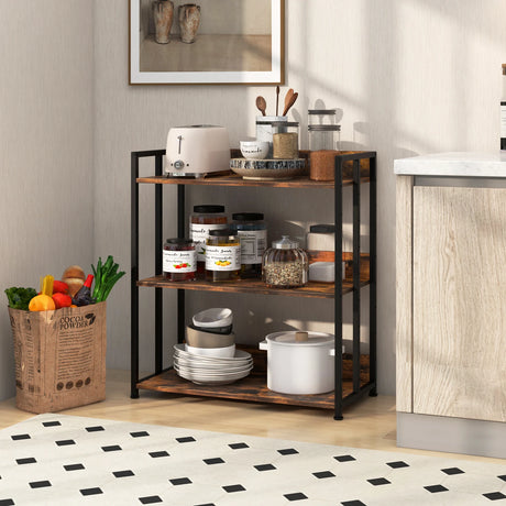 3-Tier Corner Bookcase with Adjustable Shelves and Metal Frame-Rustic Brown