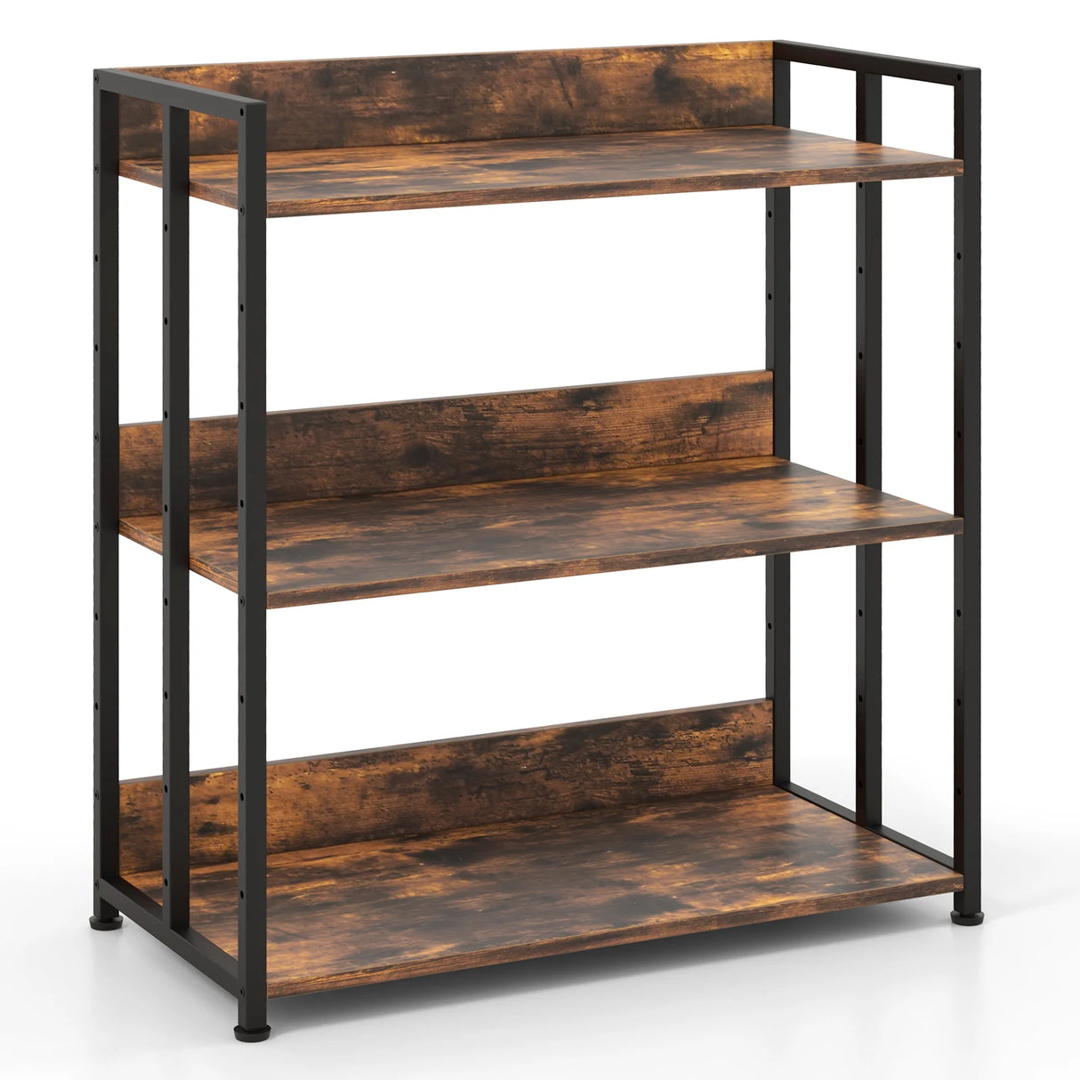 3-Tier Corner Bookcase with Adjustable Shelves and Metal Frame-Rustic Brown