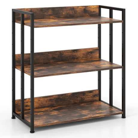 3-Tier Corner Bookcase with Adjustable Shelves and Metal Frame-Rustic Brown