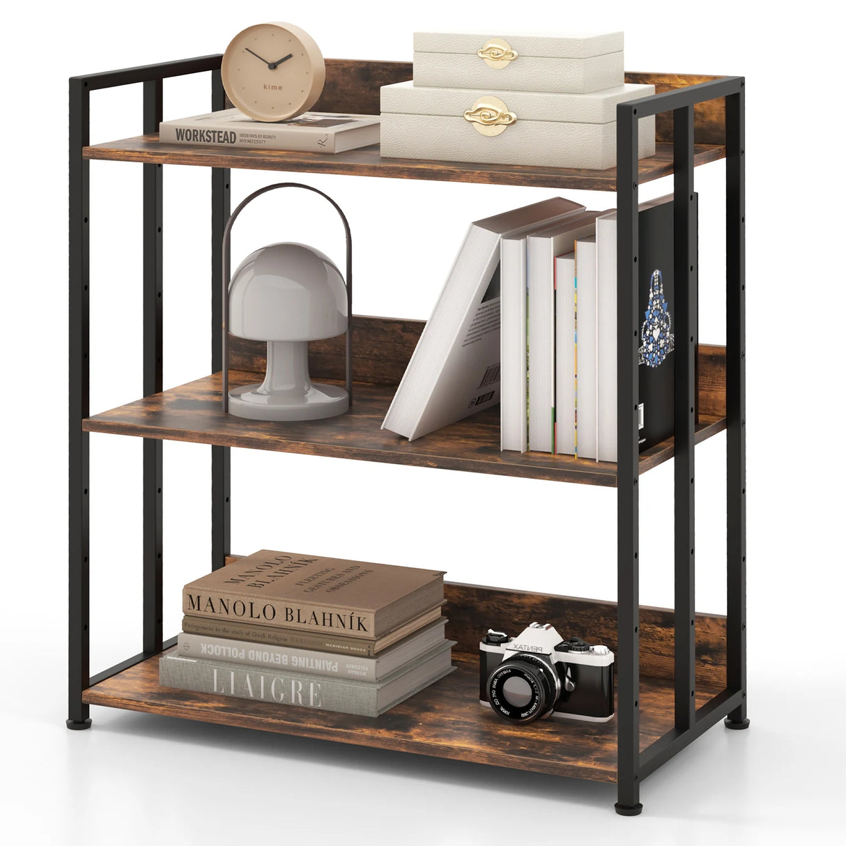 3-Tier Corner Bookcase with Adjustable Shelves and Metal Frame-Rustic Brown