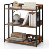 3-Tier Corner Bookcase with Adjustable Shelves and Metal Frame-Rustic Brown