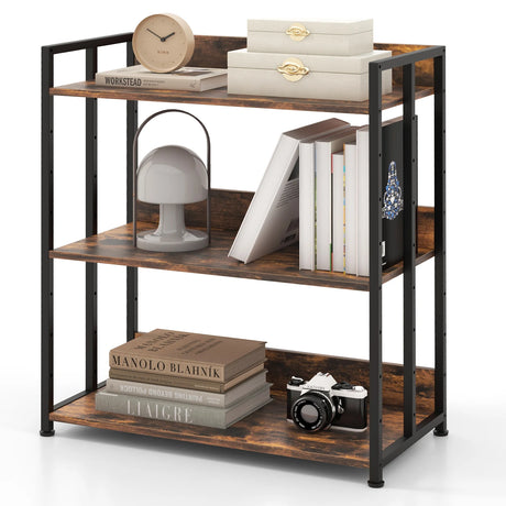 3-Tier Corner Bookcase with Adjustable Shelves and Metal Frame-Rustic Brown