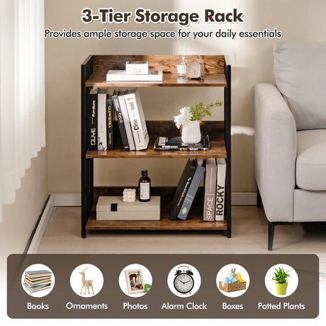 3-Tier Corner Bookcase with Adjustable Shelves and Metal Frame-Rustic Brown