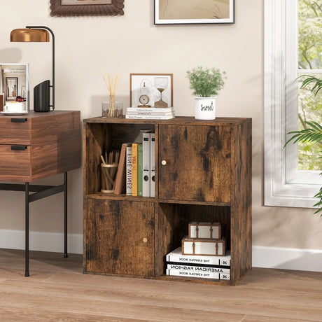3-Tier Bookshelf with Dual Anti-Tipping Kits and 2 Cabinets-Rustic Brown