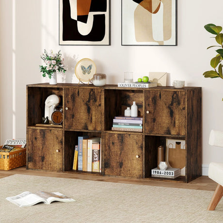 3-Tier Bookshelf with Dual Anti-Tipping Kits and 2 Cabinets-Rustic Brown