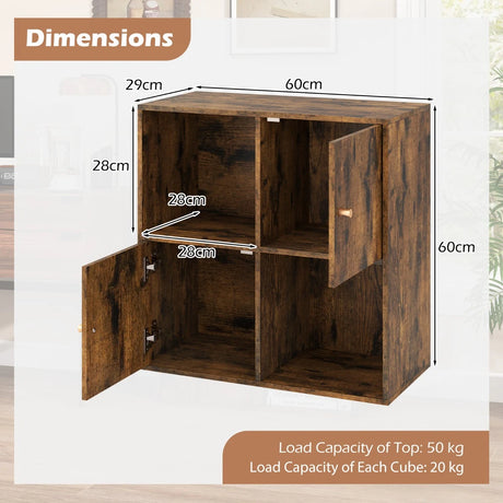 3-Tier Bookshelf with Dual Anti-Tipping Kits and 2 Cabinets-Rustic Brown