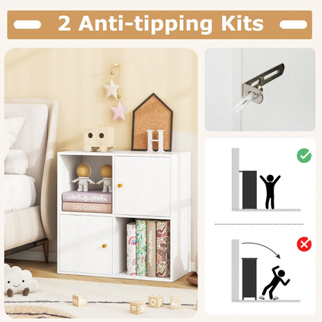3-Tier Bookshelf with Dual Anti-Tipping Kits and 2 Cabinets-White