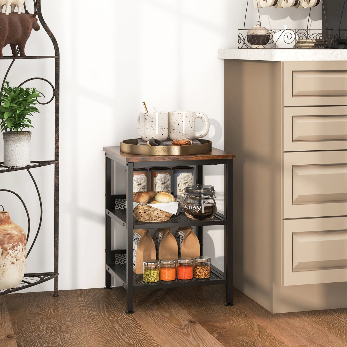 3-Tier Side Table with Dual Mesh Shelves for Living Room Bedroom and Kitchen-Coffee