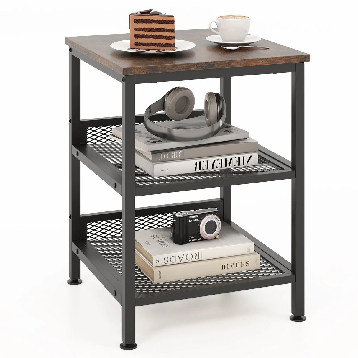 3-Tier Side Table with Dual Mesh Shelves for Living Room Bedroom and Kitchen-Coffee