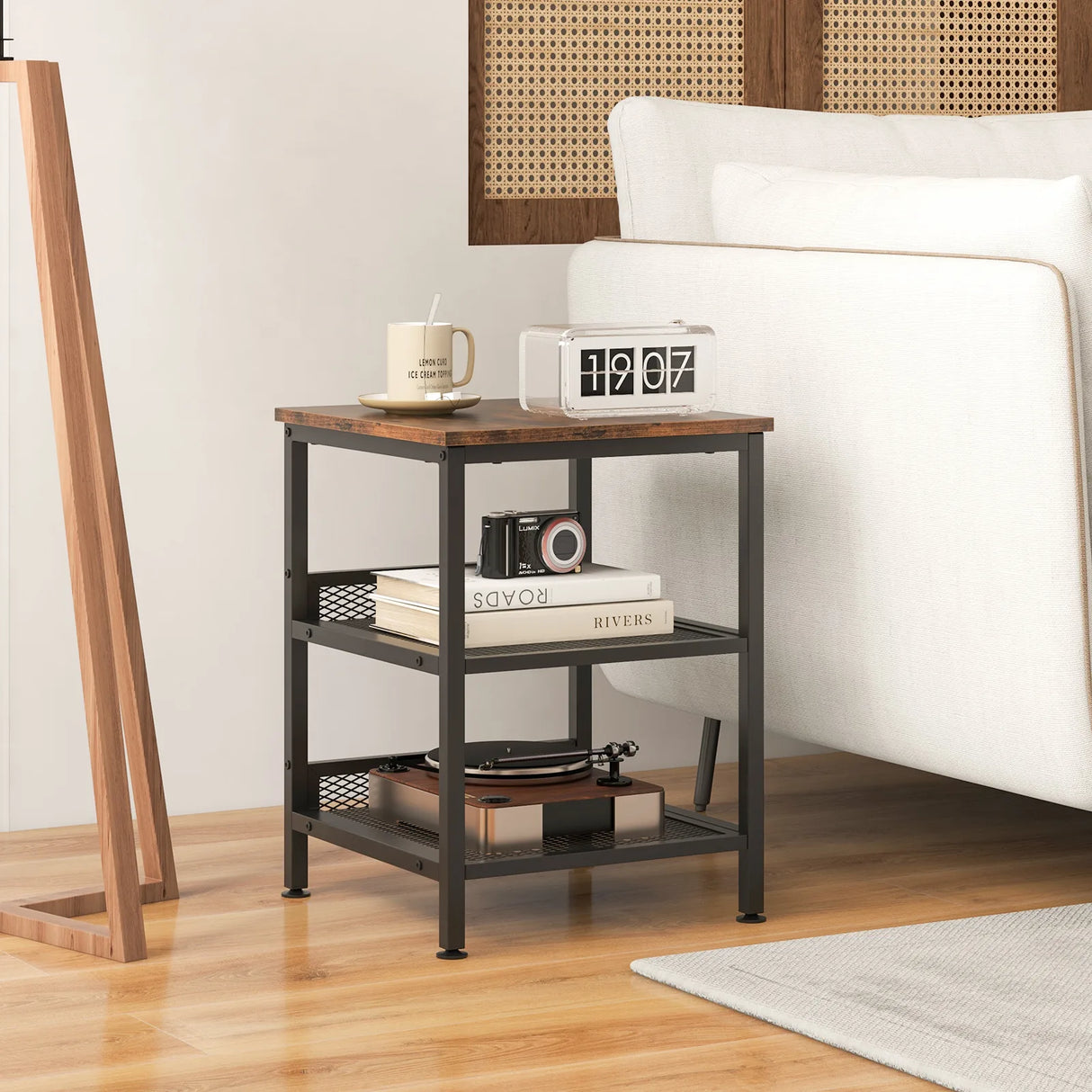 3-Tier Side Table with Dual Mesh Shelves for Living Room Bedroom and Kitchen-Coffee