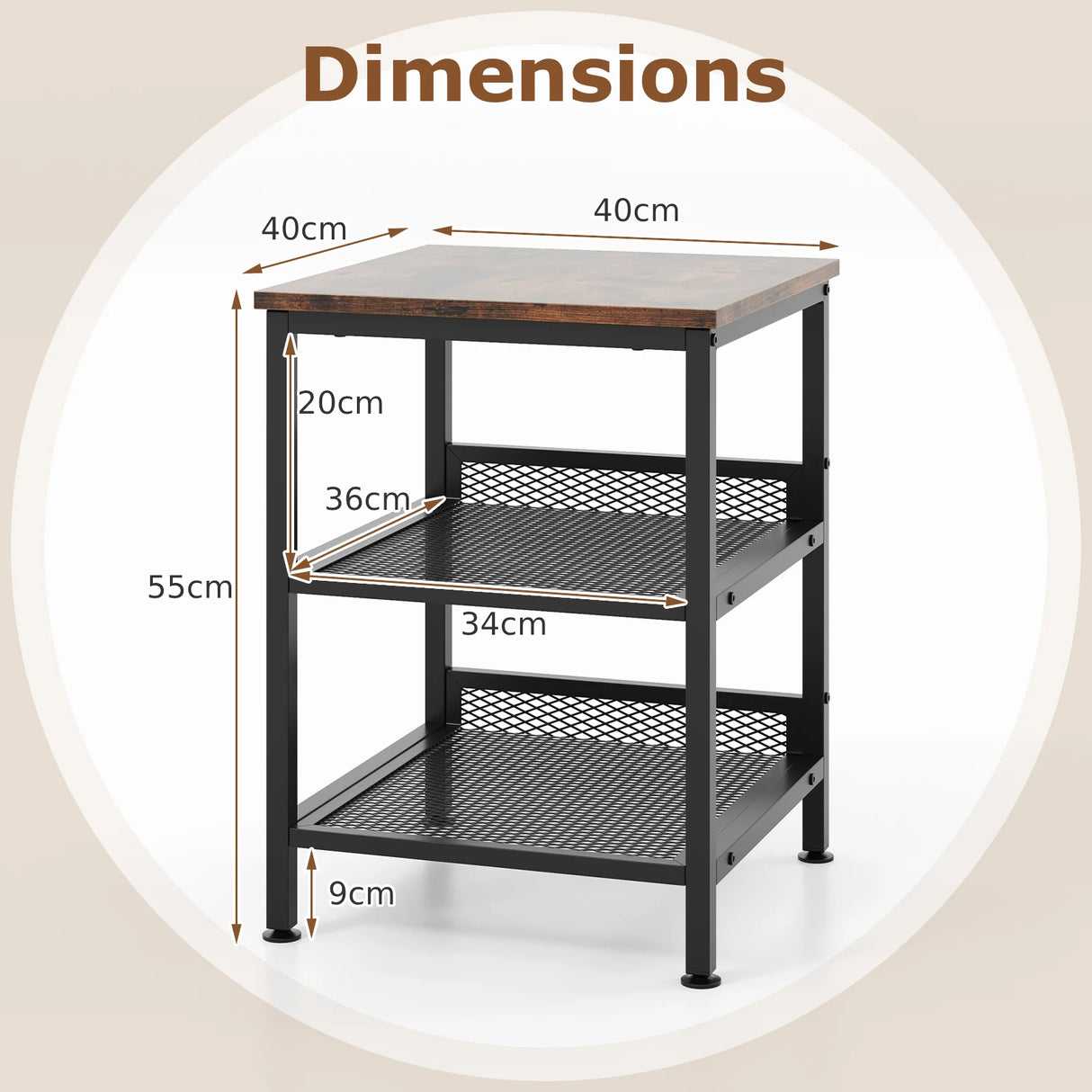 3-Tier Side Table with Dual Mesh Shelves for Living Room Bedroom and Kitchen-Coffee