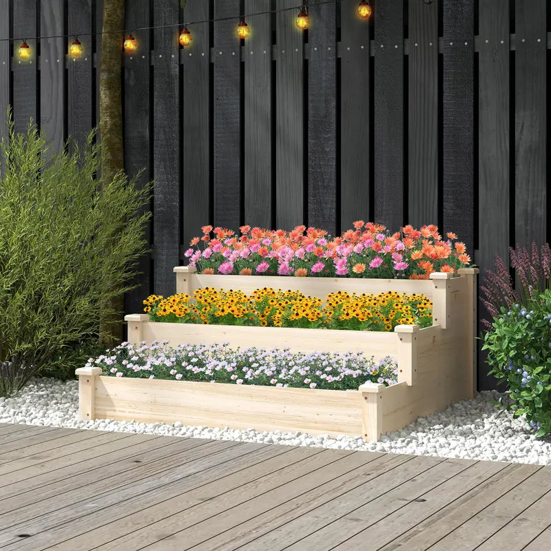 3-Tier Wooden Raised Garden Bed for Backyard Patio Gardening