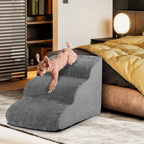 3-Tier Foam Dog Ramp with High-Density Sponge &amp; Silicone Paw Prints-Grey