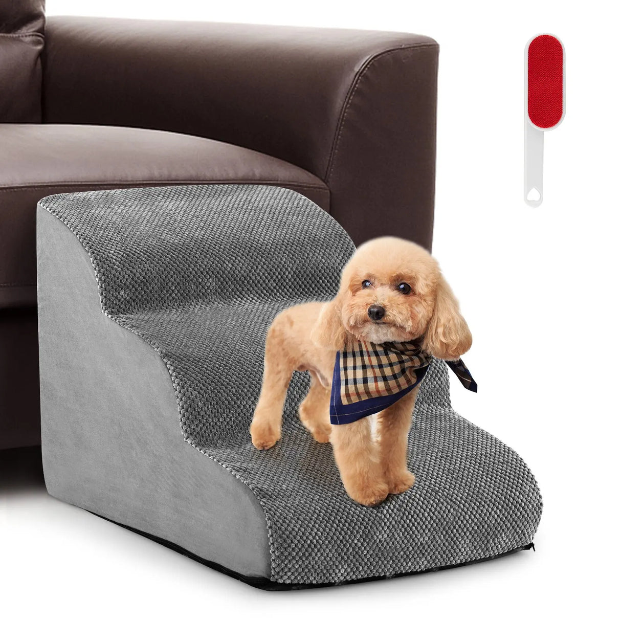 3-Tier Foam Dog Ramp with High-Density Sponge &amp; Silicone Paw Prints-Grey