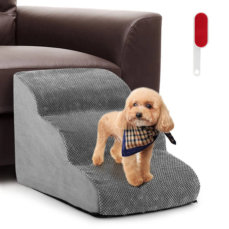 3-Tier Foam Dog Ramp with High-Density Sponge &amp; Silicone Paw Prints-Grey