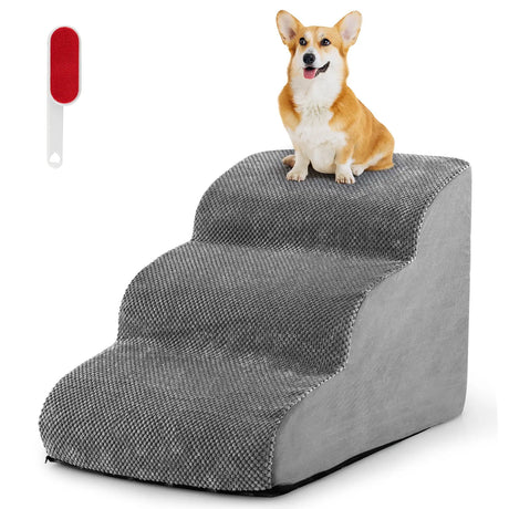 3-Tier Foam Dog Ramp with High-Density Sponge &amp; Silicone Paw Prints-Grey