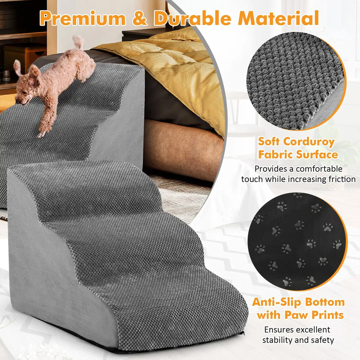 3-Tier Foam Dog Ramp with High-Density Sponge &amp; Silicone Paw Prints-Grey