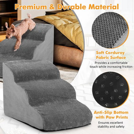 3-Tier Foam Dog Ramp with High-Density Sponge &amp; Silicone Paw Prints-Grey
