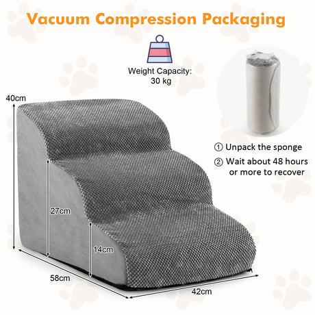 3-Tier Foam Dog Ramp with High-Density Sponge &amp; Silicone Paw Prints-Grey