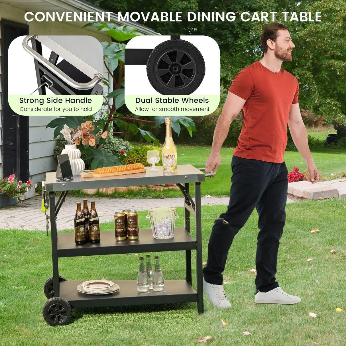 3-tier Mobile Food Prep Cart with Adjustable Shelf