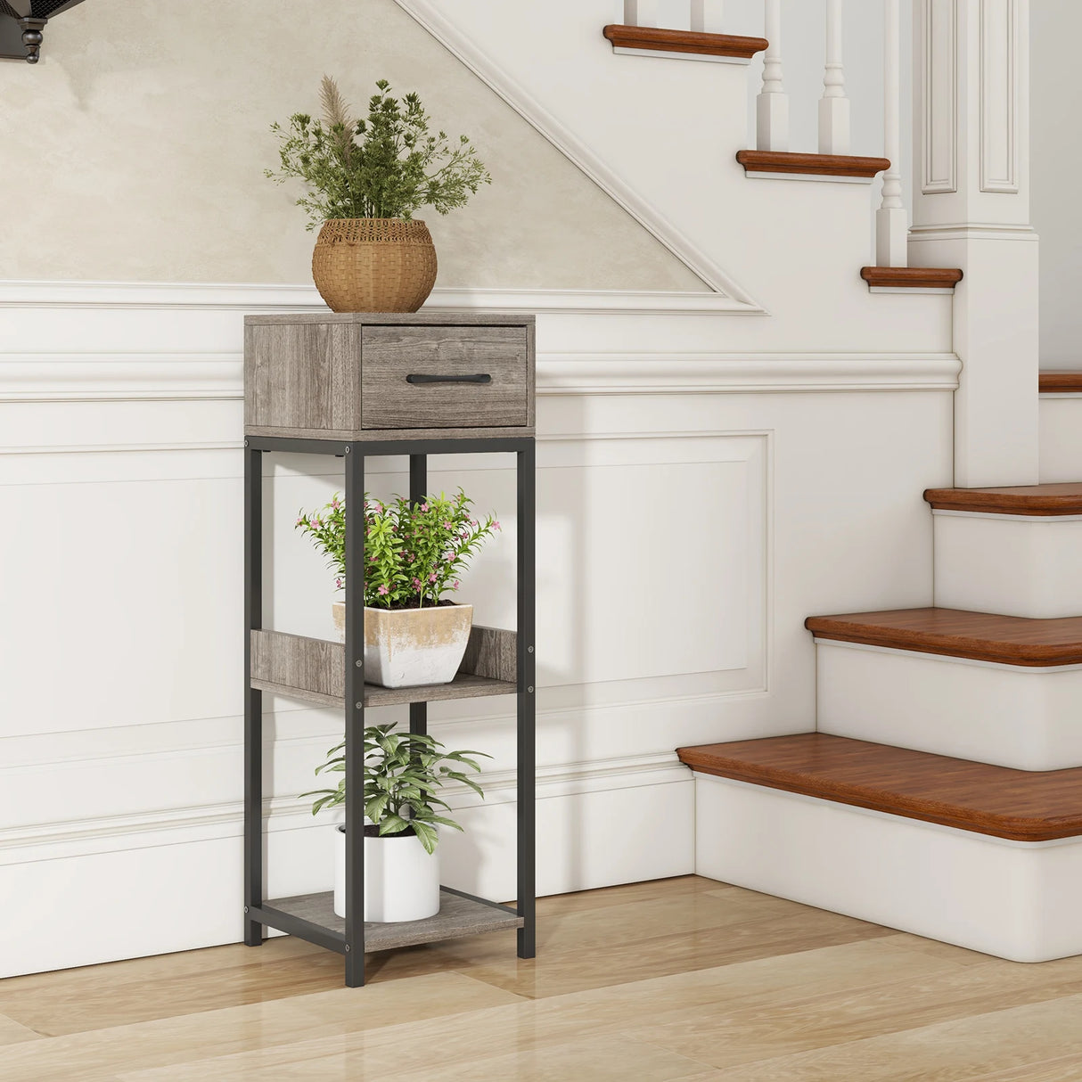 2 Pack 3 Tier Indoor Corner Tall Plant Stand with Drawer-Grey