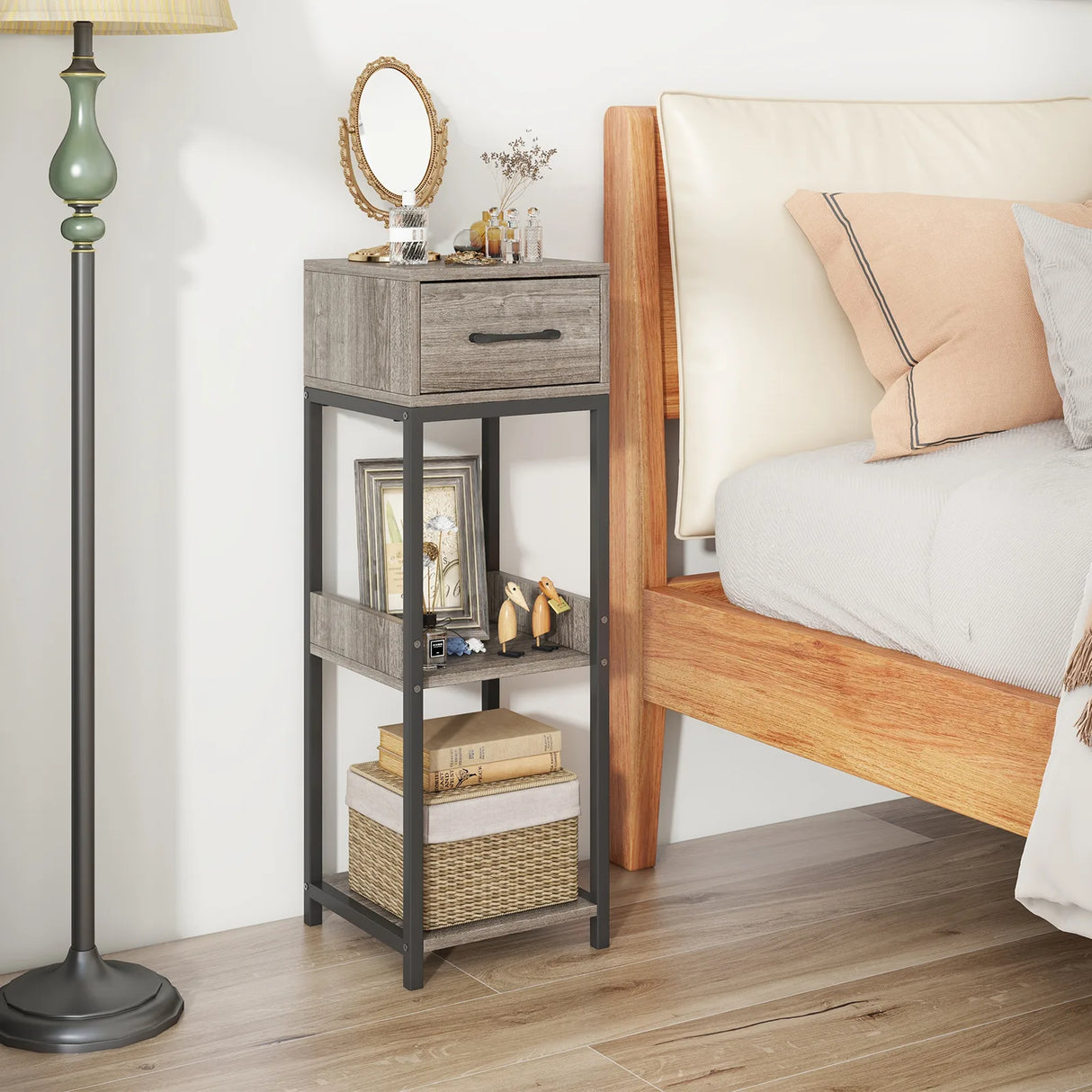 2 Pack 3 Tier Indoor Corner Tall Plant Stand with Drawer-Grey