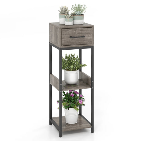 2 Pack 3 Tier Indoor Corner Tall Plant Stand with Drawer-Grey