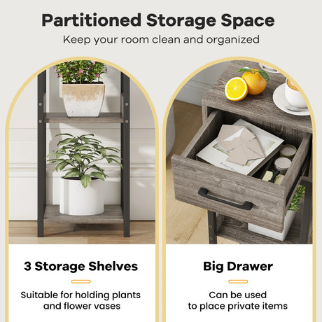 2 Pack 3 Tier Indoor Corner Tall Plant Stand with Drawer-Grey