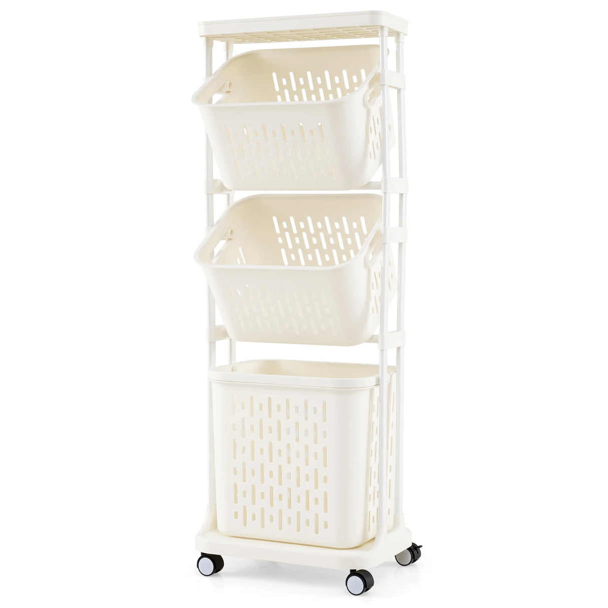 3-Tier Laundry Hamper Cart with 4 Rolling Wheels-White