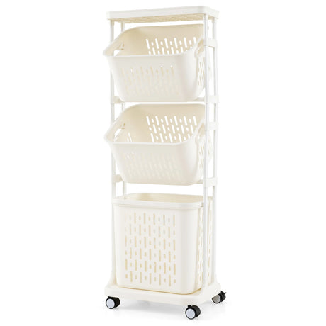 3-Tier Laundry Hamper Cart with 4 Rolling Wheels-White