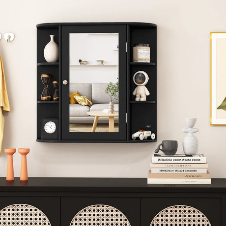 Wall-Mounted Bathroom Mirror Cabinet with Storage Shelves-Black