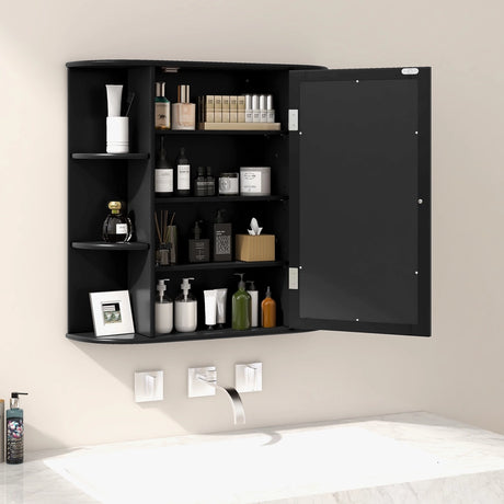 Wall-Mounted Bathroom Mirror Cabinet with Storage Shelves-Black
