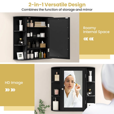 Wall-Mounted Bathroom Mirror Cabinet with Storage Shelves-Black