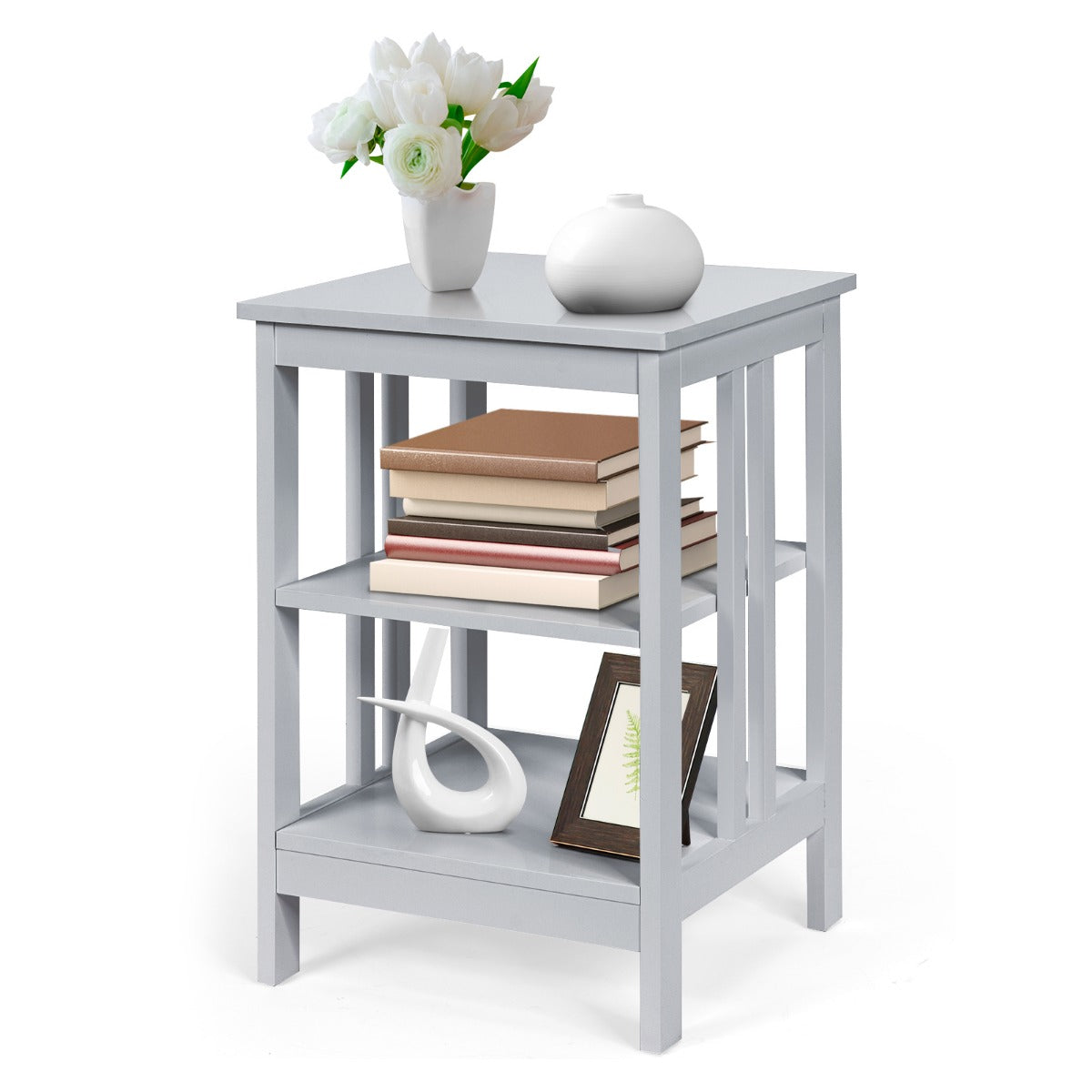 3-tier Side Table Nightstand with Stable Structure-Gray