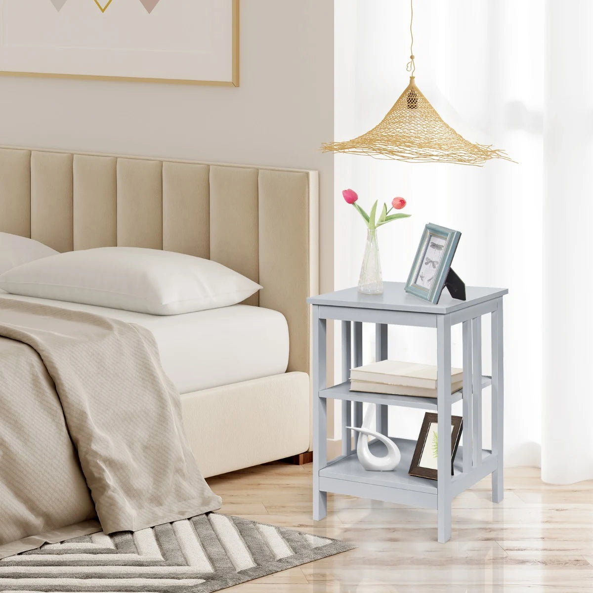 3-tier Side Table Nightstand with Stable Structure-Gray