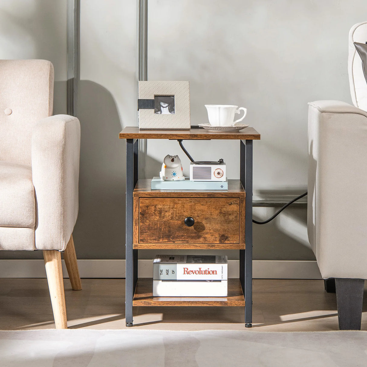 1/2 Pieces 3-Tier Nightstand with Charging Station and Drawer-1 Piece
