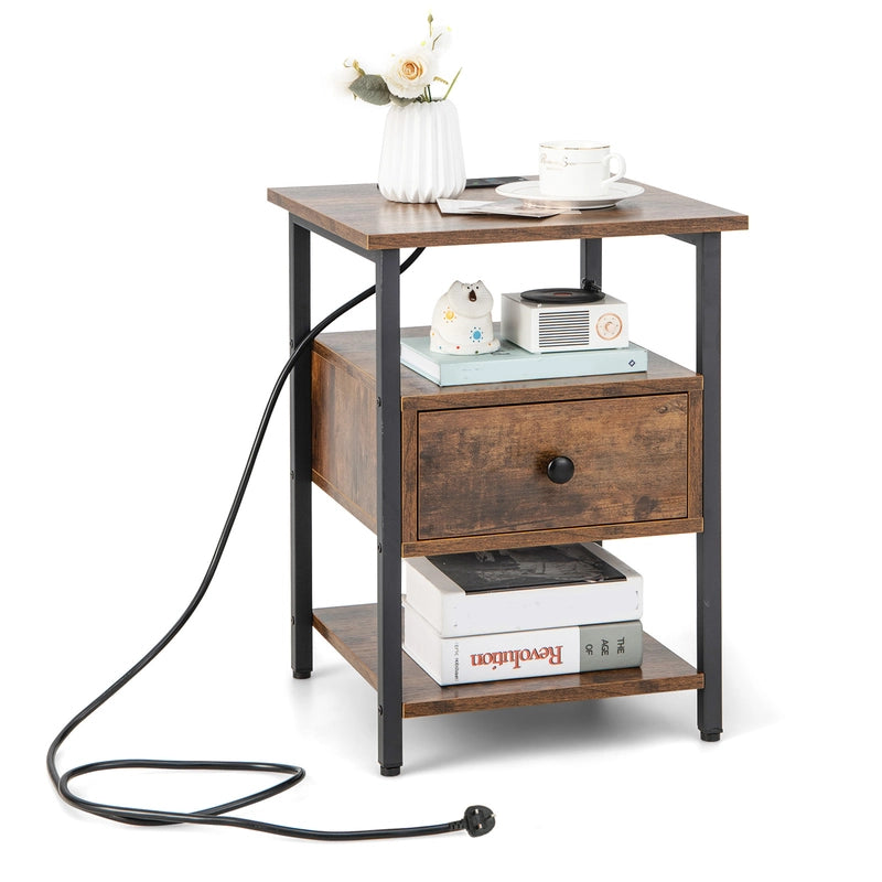 1/2 Pieces 3-Tier Nightstand with Charging Station and Drawer-1 Piece