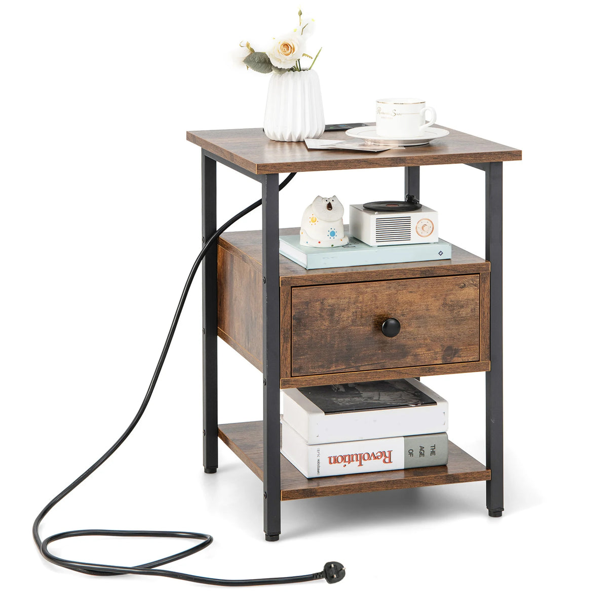 1/2 Pieces 3-Tier Nightstand with Charging Station and Drawer-1 Piece