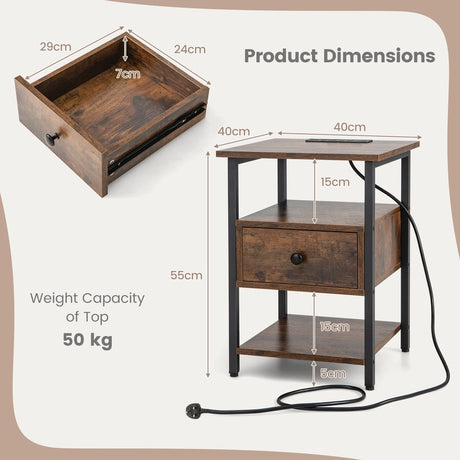 1/2 Pieces 3-Tier Nightstand with Charging Station and Drawer-1 Piece