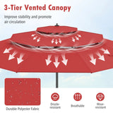 296cm 3 Tier Outdoor Umbrella With Double Vented for Market Backyard Pool Garden-Red